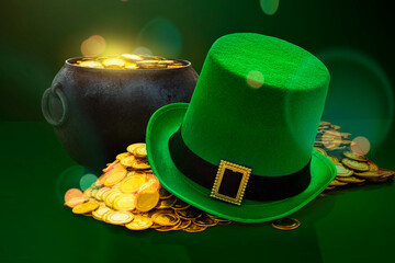 St.Patrick 's Day. Cauldron with gold coins and green leprechaun hat