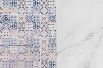blue patterned tile on marble background