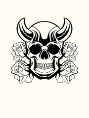 Skeleton sketch with rose flower decoration and animals