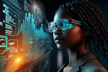 Young black businesswoman using augmented reality AR glasses. Generative AI.