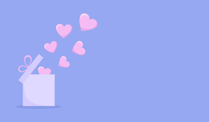 Pink hearts flying out of an open gift box on a purple background with copy space. Vector illustration in flat style