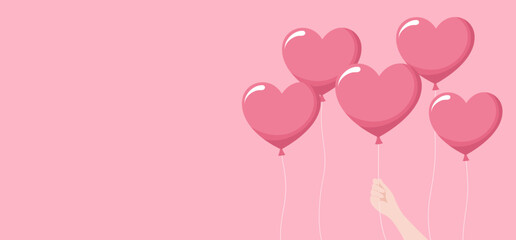 Fototapeta na wymiar Heart balloons and a hand holding one on a pink background, copy space. Flat vector illustration