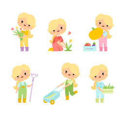 Little Blond Girl in Jumpsuit at Farm Working in the Garden Vector Set