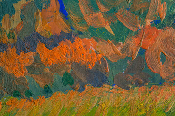 Abstract background closeup of a painting with brushstrokes. Rough art paint smear. Large multicolor spots of brush strokes and palette knife on the canvas