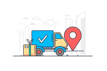 Delivery concept in flat outline design. Global shipping, import and export, postal service with online tracking. Illustration with colorful line web scene with truck for transporting parcels.