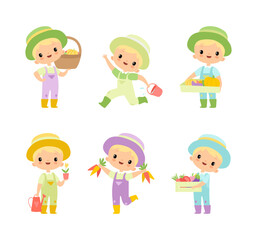 Little Blond Boy in Jumpsuit and Hat at Farm Working in the Garden Vector Set