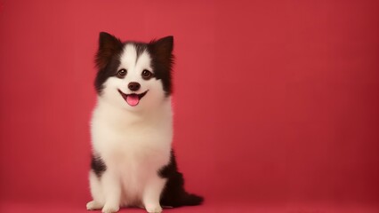 Fototapeta na wymiar Adorable happy puppy dog smiling on red background. Perfect for pet lovers, this bright and cheerful image is sure to bring joy to your day.