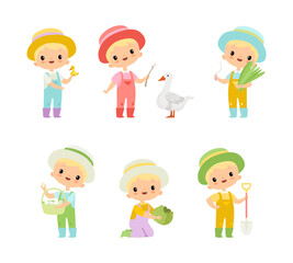 Little Blond Boy in Jumpsuit and Hat at Farm Working in the Garden Vector Set