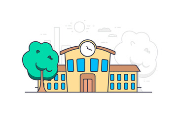 School Education concept in flat outline design. Illustration with colorful line web scene with school building facade on street cityscape. Pupils study at lessons. Students at university
