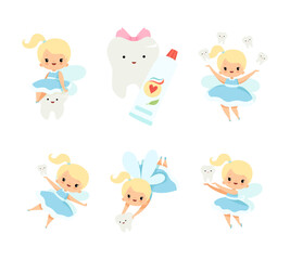 Obraz na płótnie Canvas Cute Little Tooth Fairy with Blond Hair and Ponytail with First Baby Tooth Vector Set
