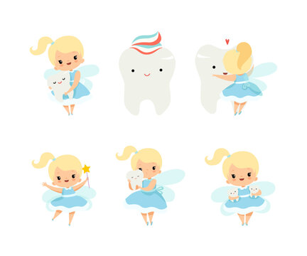 Cute Little Tooth Fairy with Blond Hair and Ponytail with First Baby Tooth Vector Set