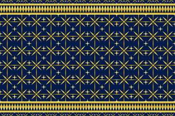 Dark blue and gold geometric ethnic seamless pattern design for wallpaper, background, fabric, curtain, carpet, clothing, and wrapping.