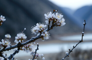 flowers in the snow,blooming tree