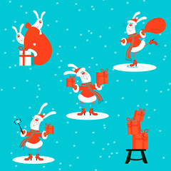 Set of cute cartoon bunnies or rabbits wearing santa claus clothes holding red christmas gift bag and box, skating, making selfie under snowing on gray background - 555942887