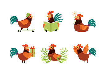 Rooster or Cock Character as Farm Poultry and Feathered Bird Vector Set