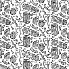 Wood, burning materials. Vector sketch illustration collection. Materials for wood industry. Stump, branch, timber. Tree lumber. Seamless background, wallpaper, pattern. Template for print, web design