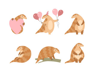 Pangolin or Scaly Anteater with Clawed Paw Engaged in Different Activity Vector Set