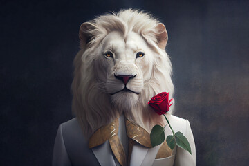 portrait of lion with rose. Generative AI