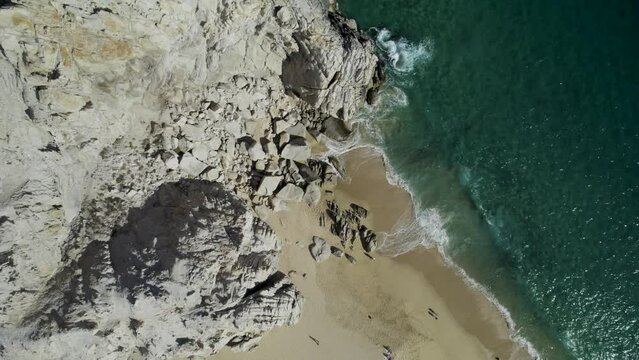 Aerial view of rock formation along the shoreline at Playa del Divorcio, Cabo San Lucas, Baja California, Mexico.