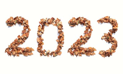 2023 Written with Pencil Waste on White Background, Happy New Year 2023 Conceptual Photo