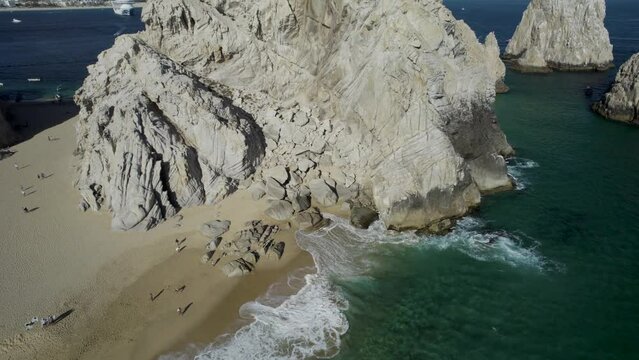 Aerial view of rock formation along the shoreline at Playa del Divorcio, Cabo San Lucas, Baja California, Mexico.
