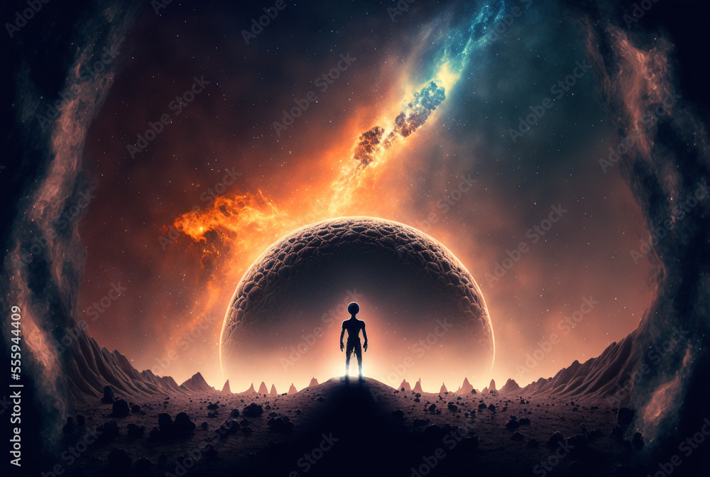Wall mural generative ai extraterrestrial astronaut exploring planet watching outer space.