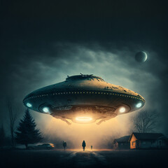 Generative ai science fiction scene with alien spaceship.