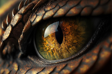 Dragon eye. 3d render of close up lizard eye. Fantasy monster looking. Macro photography of creature. Realistic colorful eye of evil dinosaur beast. Macro of angry magical animal. Predator vision. - obrazy, fototapety, plakaty