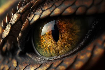 Deurstickers Dragon eye. 3d render of close up lizard eye. Fantasy monster looking. Macro photography of creature. Realistic colorful eye of evil dinosaur beast. Macro of angry magical animal. Predator vision. © Fortis Design