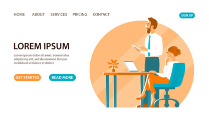 Fototapeta premium Business man and girl in the process of working in the office. Discuss strategy. On the table is a laptop. Successful business. Design for banner, website. Vector illustration. White background