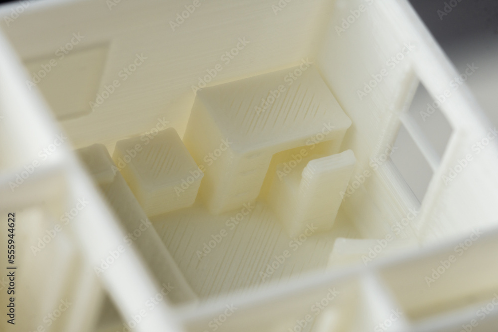 Poster Close-up of detail of bedroom with table and chair 3D model printed on 3D printer with FDM technology for architectural use.
