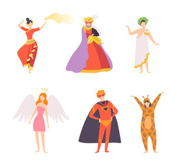 Fototapeta na wymiar Man and Woman Character Wearing Carnival or Party Garment Vector Illustration Set