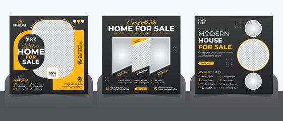 Real estate social media post or house property sale banner square story post. Home sale marketing web banner template set