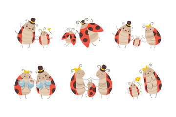 Cute Happy Ladybug Family with Cheerful Mother, Father and Their Baby Vector Set