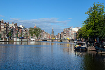 Fototapeta na wymiar Historical Canal Houses At The Amstel River Amsterdam The Netherlands 2019