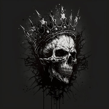 Skull in the crown. Drawing in mascara or watercolor. Logo or sketch for tattoos. AI generated Illustration
