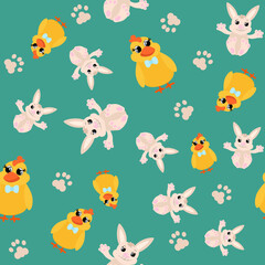 Obraz premium Seamless pattern cute little chicks and easter bunnies. Easter ornament for children's textiles, packaging, background design in cartoon style.