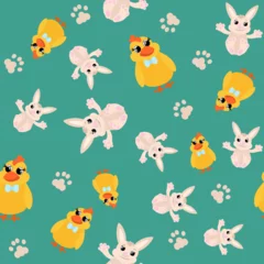 Fotobehang Seamless pattern cute little chicks and easter bunnies. Easter ornament for children's textiles, packaging, background design in cartoon style. © Kateryna Polishchuk