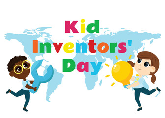 Kid Inventors Day. Cute boy and girl with light bulb and wrench and text Children's Invention Day. Сartoon childish style.