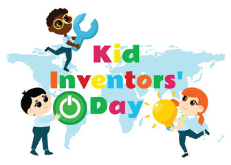 Kid Inventors Day. Cute boy and girl with light bulb and wrench and turn on button and text Children's Invention Day in cartoon childish style.