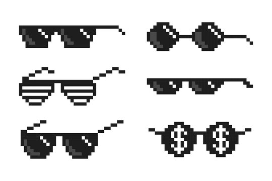 Set pixelated boss glasses, bandit pixel glasses, gangster pixelated sunglasses. Vector illustration.