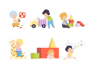 Baby Boy Sitting on the Floor and Playing Toys in Nursery Vector Set