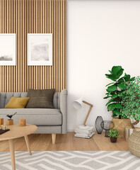 Interior view of a cozy living room with a sofa and cushions on a sunny day. Whether you work as a designer or are an art fan, this image can be very useful for you. Give your design objects a space.