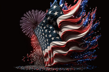 Colorful painted american flag with fireworks