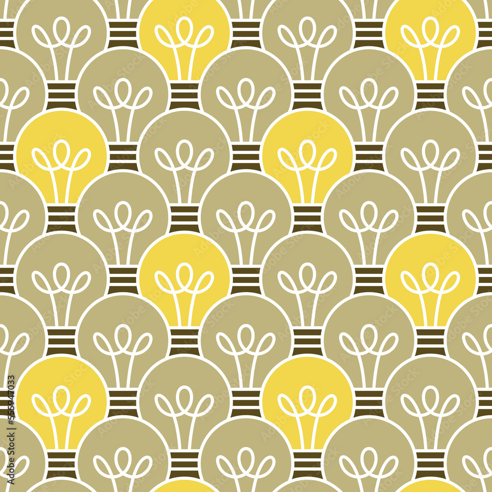 Wall mural seamless pattern with alternating light bulbs, some of them are glowing yellow.