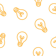Seamless pattern with hand drawn light bulbs in orange on a white background.