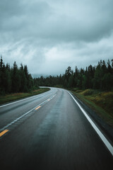 Empty road in Norway on a moody and dark autumn day