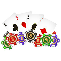 Casino game chips and four ace cards of different suits
