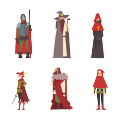 Fototapeta na wymiar Medieval Knight, Warlock in Hat, Priest and Noble Man in Mantle Vector Set