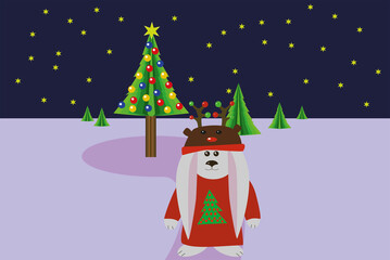 ПечатьA rabbit in Santa's reindeer hat was a Christmas tree